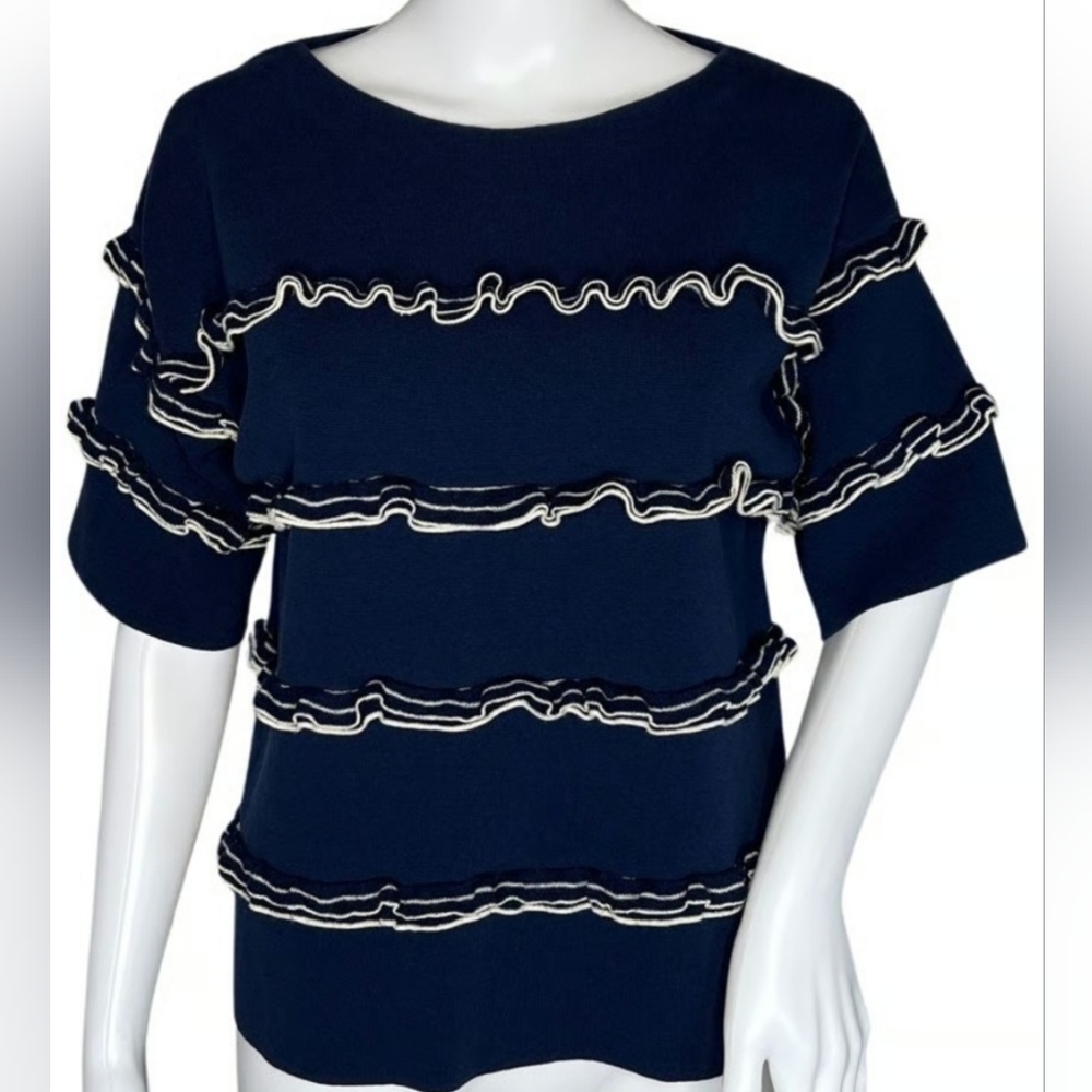J. Crew Navy Ruffle Short Sleeve Top